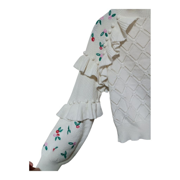 Glamorous Coquette Pointelle Knit Sweater with Embrodierd Flowers and Pom Poms - Picture 7 of 16